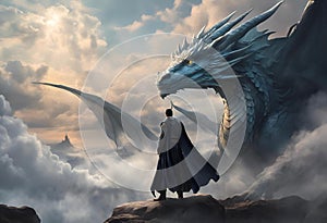 AI-generated illustration of a mage on the edge of a cliff accompanied by a majestic dragon