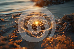 AI generated illustration of a magical glowing sand mandala on a beach