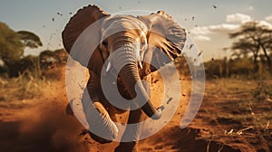 AI generated illustration of a majestic African elephant walking through a dusty landscape