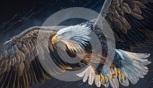 AI generated illustration of a majestic bald eagle soaring through the sky