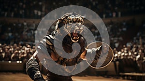 AI generated illustration of a majestic Bengal tiger in armor during a gladiatorial combat