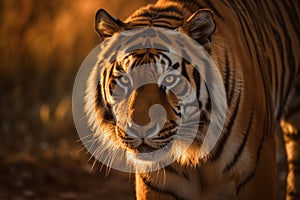 AI generated illustration of a majestic Bengal tiger in a warm, sunny landscape