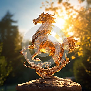 AI generated illustration of a majestic bronze equine sculpture against a sunset