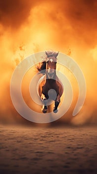 AI generated illustration of a majestic brown horse running through a desert landscape