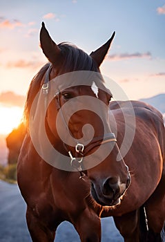 a brown horse with bridle in the sun light