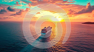 AI generated illustration of a majestic cruise ship sailing on the ocean at sunset