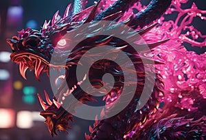 AI generated illustration of a majestic dragon with luminescent eyes soars through the night sky