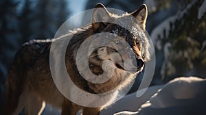 AI generated illustration of a majestic gray wolf walking through a snow-covered forest