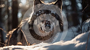 AI generated illustration of a majestic gray wolf walking through a snow-covered forest