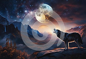 AI generated illustration of a majestic grey wolf atop a rocky outcrop with a full moon at night