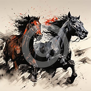 AI generated illustration of majestic horses galloping in unison against a white backdrop