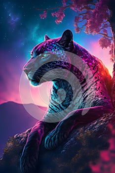 AI generated illustration of a majestic leopard illuminated by vibrant, colorful light