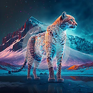 AI generated illustration of a majestic leopard illuminated by vibrant, colorful light