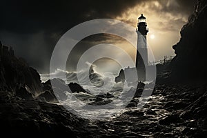 AI generated illustration of a majestic lighthouse on the rocky shore with stormy waves