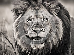 AI generated illustration of a majestic male lion, with its mouth open wide, in grayscale