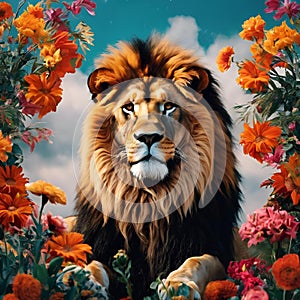 AI generated illustration of a majestic male lion standing in a grassy field