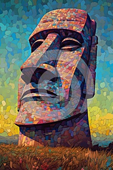 AI generated illustration of the majestic Moai stone face sculpture atop a rolling vibrant field