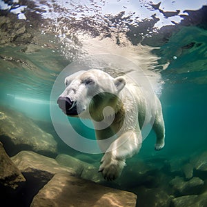 AI generated illustration of a majestic polar bear swimming underwater