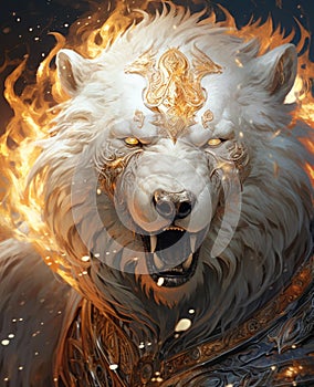 AI generated illustration of a majestic roaring white bear with gold markings near fire