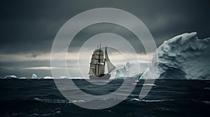 AI-generated illustration of a majestic ship sailing by large icebergs. photo