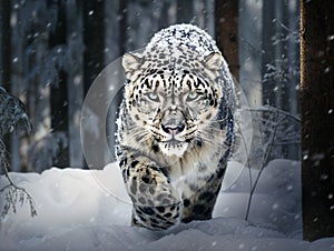 AI generated illustration of A majestic snow leopard walking in its natural habitat