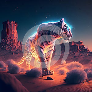 AI generated illustration of a majestic tiger illuminated by vibrant, colorful lights