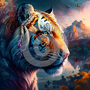 AI generated illustration of a majestic tiger illuminated by vibrant, colorful lights