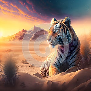 AI generated illustration of a majestic tiger illuminated by vibrant, colorful lights