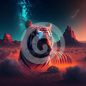 AI generated illustration of a majestic tiger illuminated by vibrant, colorful lights