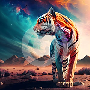 AI generated illustration of a majestic tiger illuminated by vibrant, colorful lights