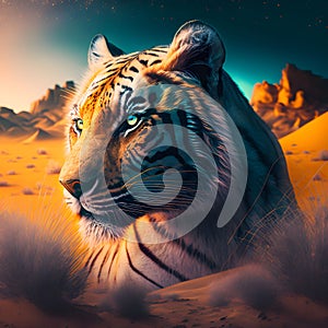 AI generated illustration of a majestic tiger illuminated by vibrant, colorful lights