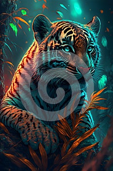 AI generated illustration of a majestic tiger illuminated by vibrant, colorful lights