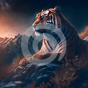 AI generated illustration of a majestic tiger illuminated by vibrant, colorful lights