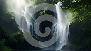 AI generated illustration of a majestic waterfall cascading over a lush green foliage of trees