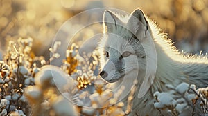 AI generated illustration of a majestic white fox stands in a picturesque snow-covered meadow