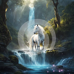 AI-generated illustration of a majestic white horse 
 in front of a picturesque waterfall