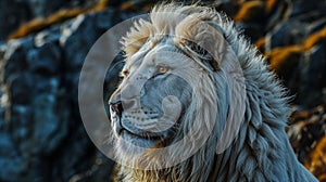 AI-generated illustration of a majestic white lion  against a rocky backdrop