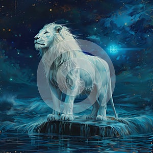AI generated illustration of a majestic white lion atop a large rock, overlooking the sea