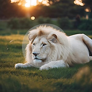 AI generated illustration of A majestic white lion laying in a grassy field