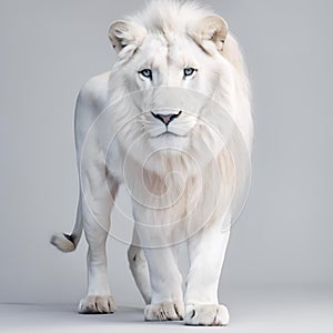 AI-generated illustration of a majestic white lion strides across a solid gray surface