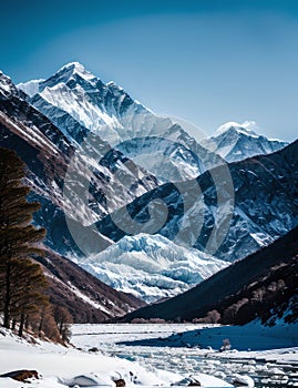 AI generated illustration of A majestic winter landscape featuring snow-capped mountains