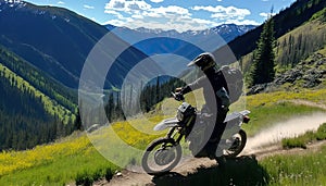 AI generated illustration of a man is cruising along a winding mountain road on a modern motorcycle