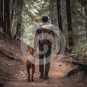 AI generated illustration of a man and his loyal canine traversing a picturesque path  in a forest