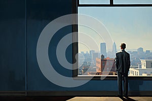 AI generated illustration of a man looking out a window with a view of the city skyline