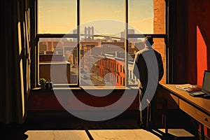 AI generated illustration of a man looking out a window with a view of the city skyline