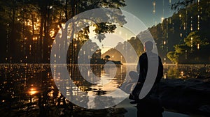 AI generated illustration of a man meditating and enjoying a peaceful moment by a picturesque lake