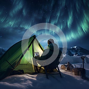 AI-generated illustration of a man outside a small tent, looking at colorful northern lights
