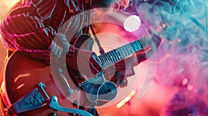 AI generated illustration of a man playing guitar live on stage at a concert