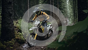 AI generated illustration of a man riding a dirt bike in a forest setting