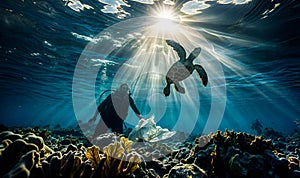 AI generated illustration of man scuba diving with sea turtles in the sunlit water